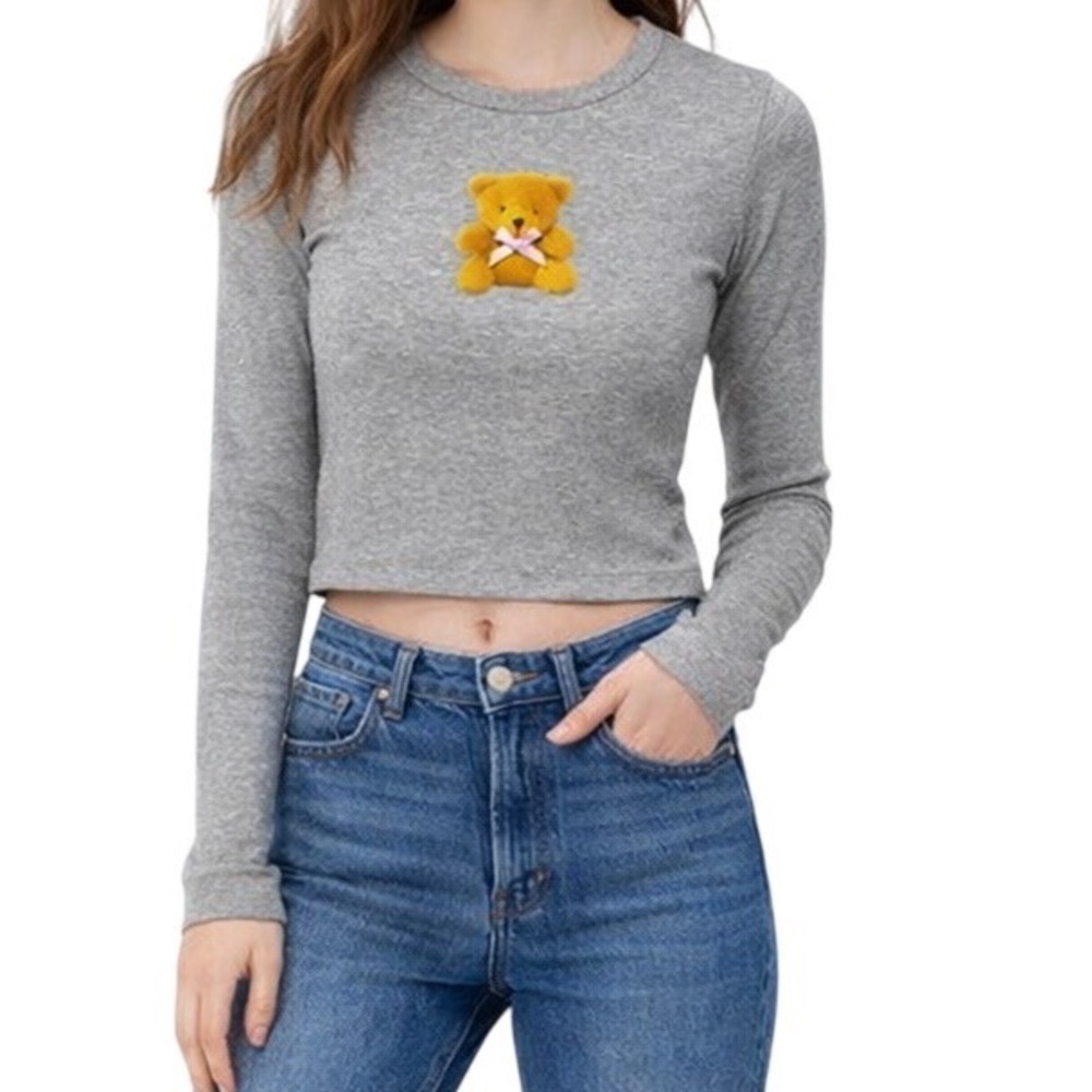 Aeropostale Seriously Soft Baby Tee Gray Teddy Bear Long Sleeve Crop Top Size S